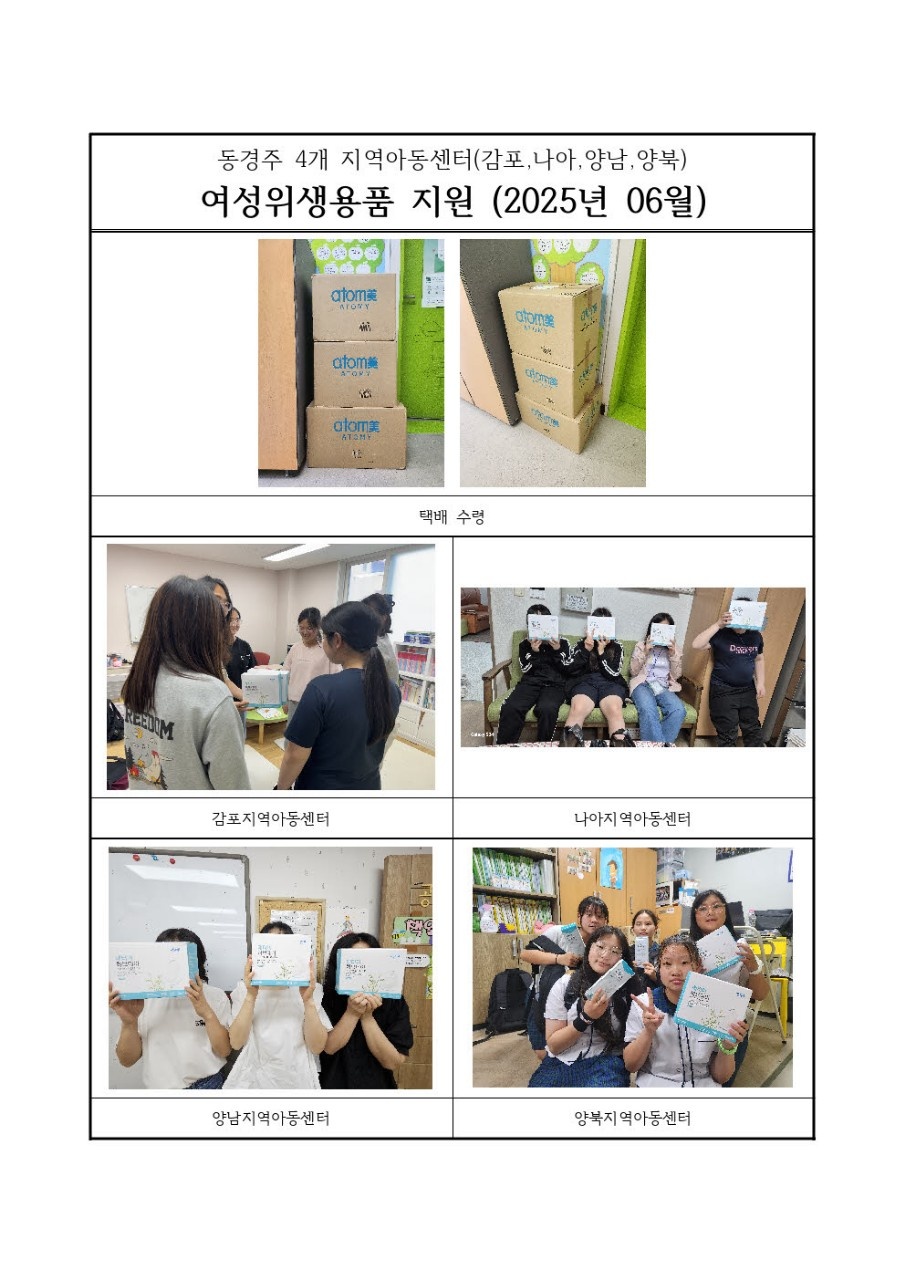 6월  동경주 4개 지역아동센터 (감포, 나아, 양남, 양북) 여성위생용품 지원